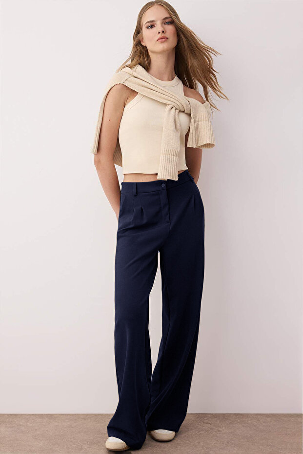 Koyu Lacivert Pilili Wide Leg/Geniş Paça Pantolon TWOAW25PL00109 - 1