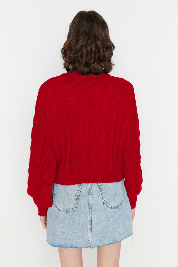 Kırmızı Crop Dik Yaka Triko Kazak TWOAW22KZ1634 - 5