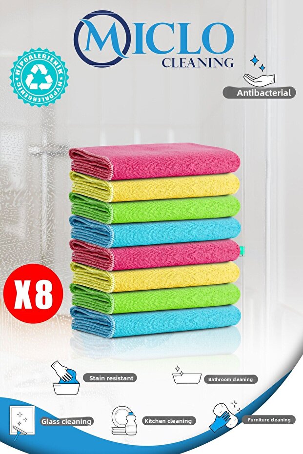 Microfiber Cleaning Cloth | Classic Series | 250GSM | Bathroom, Kitchen Cloth | 4 Colors x8 Pieces