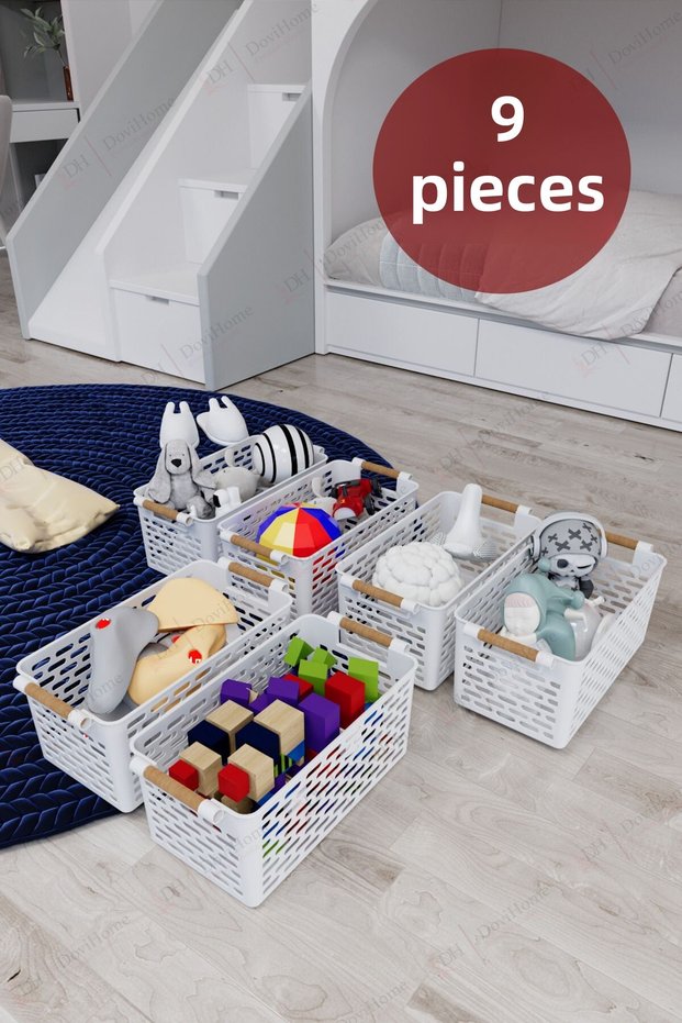 6 Pieces Wooden Handle Appearance White Color Plastic Kitchen |   Bathroom |   Item Organizer Basket Organizer Set