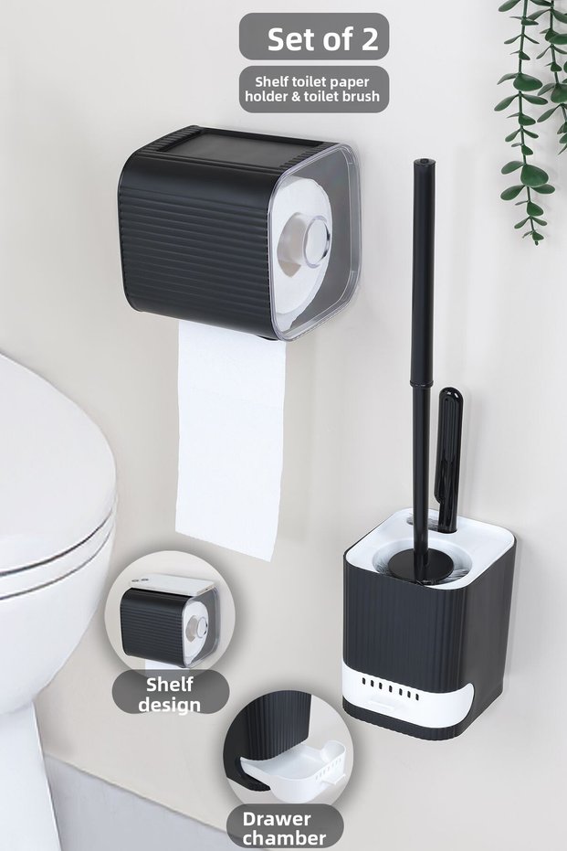 2 Piece Bathroom Set - Adhesive Toilet Paper Holder with Container, Bathroom Cleaning Toilet Brush, Black