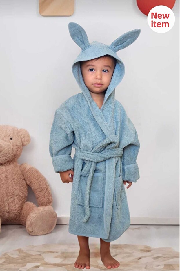 Outlet Export- Cotton Soft Unisex Girls-Boys Children's Towel Bathrobe with Ears Rabbit/ Sea Blue