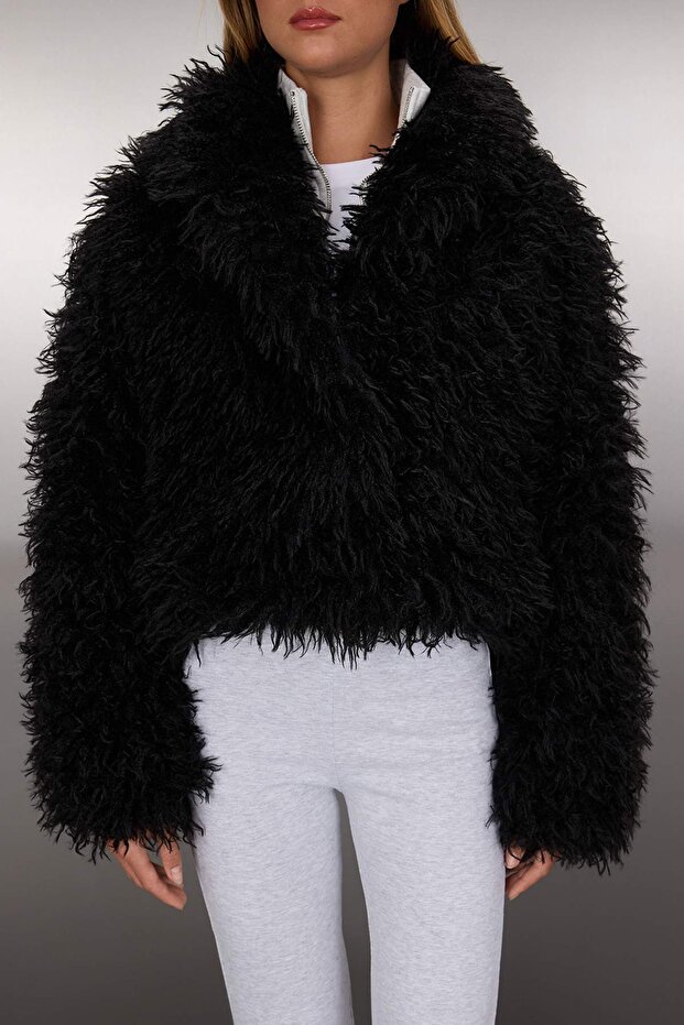 Czarny oversize'owy wzór futra płaszcz TWOAW26MO00051 - 3