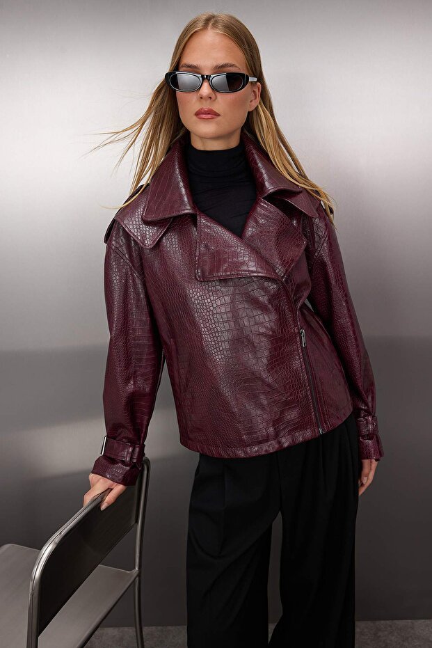 Bordo Regular Kalıp Suni Deri Biker İnce Ceket Mont TWOAW26MO00003 - 2