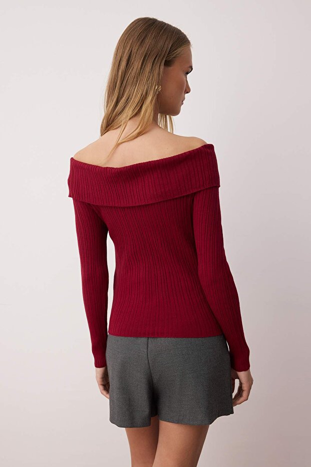 Bordo Carmen Yaka Renk Bloklu Fitted/Vücudu Saran Triko Kazak TWOAW25KZ00170 - 4