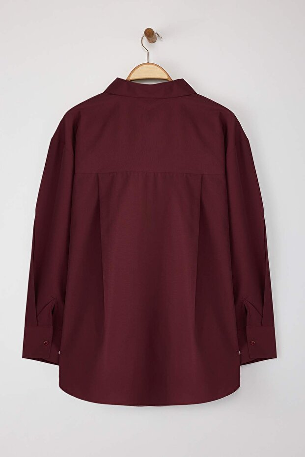 Koyu Bordo Loose Fit Pamuklu Uzun Kol Büyük Beden Dokuma Gömlek TBBSS22GO0323 - 7