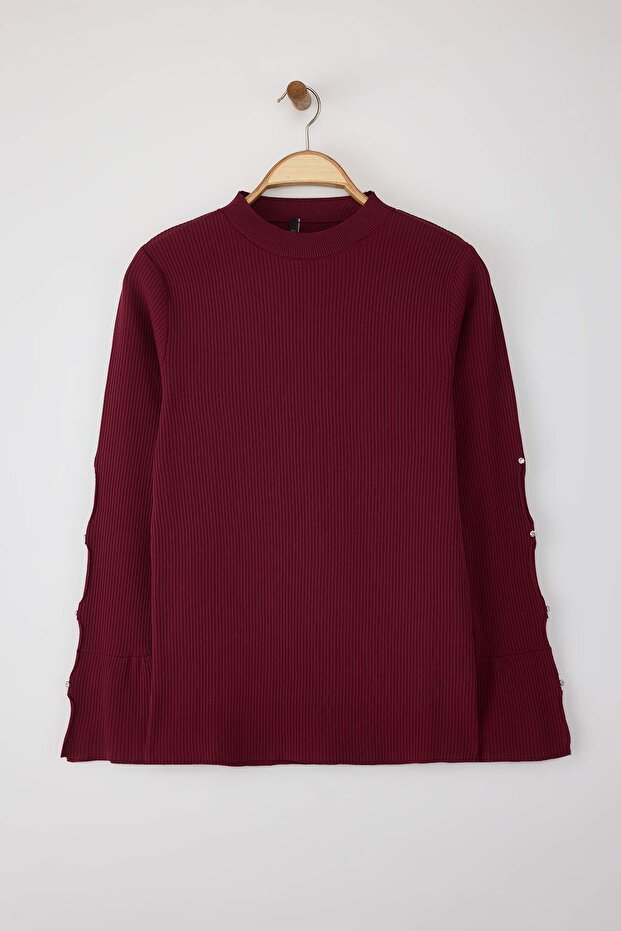 Bordo Vücudu Saran İnce Triko Bluz TBBAW24AF00021 - 5