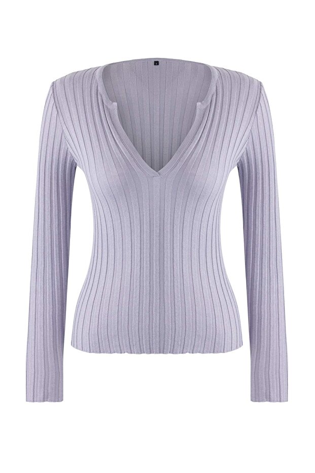Wardrobe Essentials Lila Merserize Görünümlü Fitilli Triko Kazak | TWOAW26KZ00099 - 5