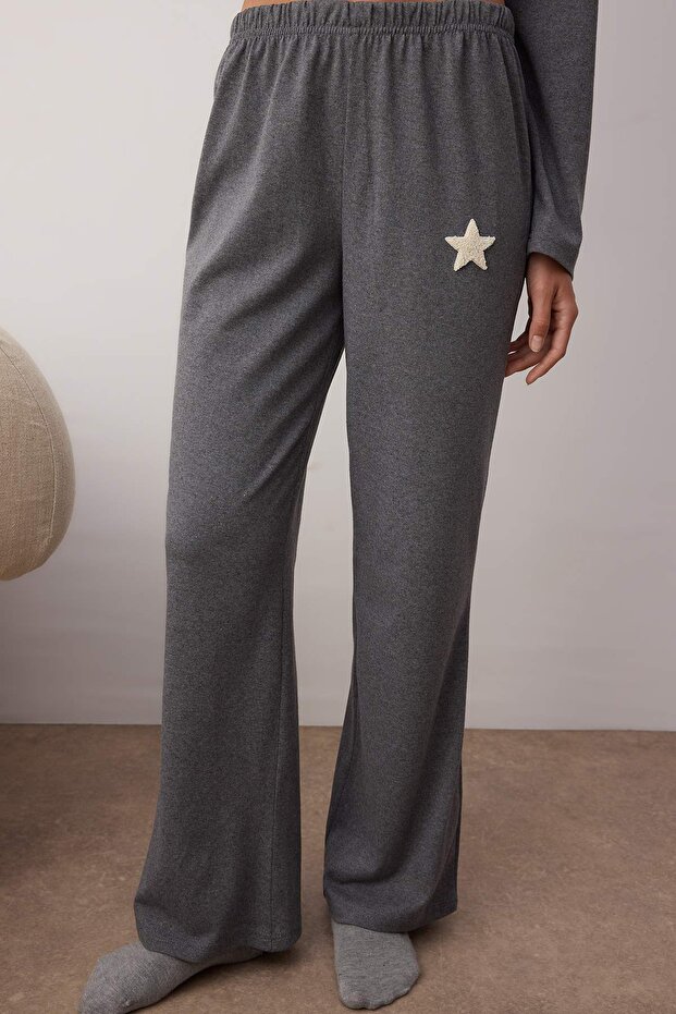 Antrasit Pamuklu Yıldız Nakışlı Örme Pijama Takımı THMAW26PT00012 - 5