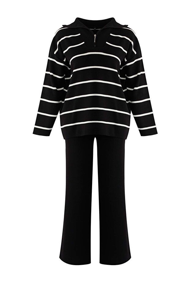 Siyah Çizgili Fermuarlı Oversize/Geniş Kalıp Triko Alt-Üst Takım TBBAW26CP00003 - 5