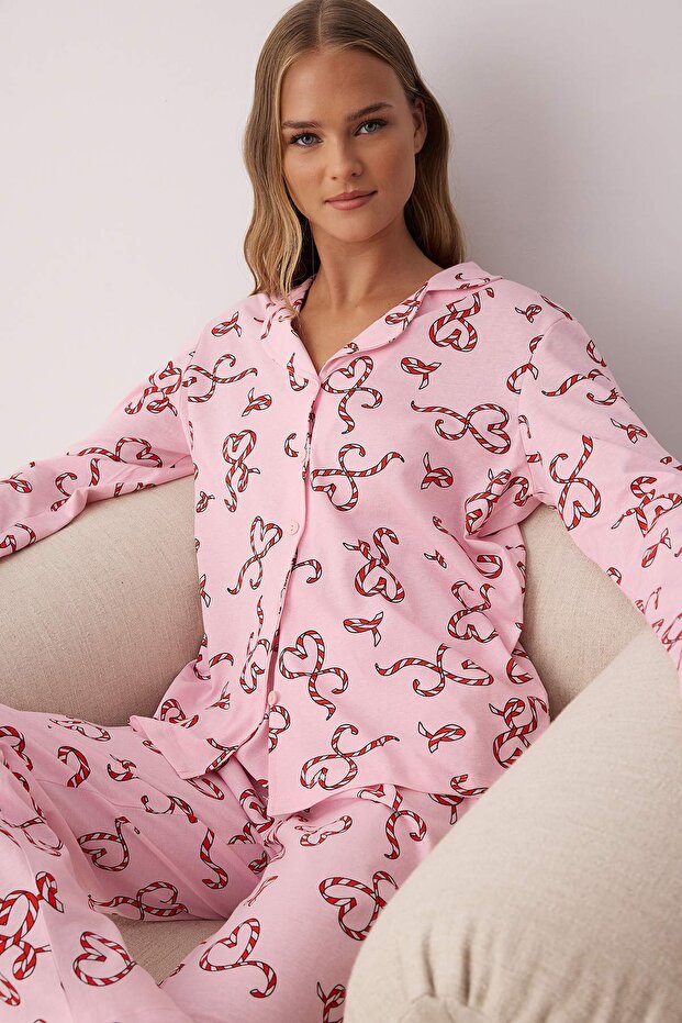 Pembe %100 Pamuklu Kalpli Gömlek Yaka Örme Pijama Takımı THMAW26PT00064 - 2