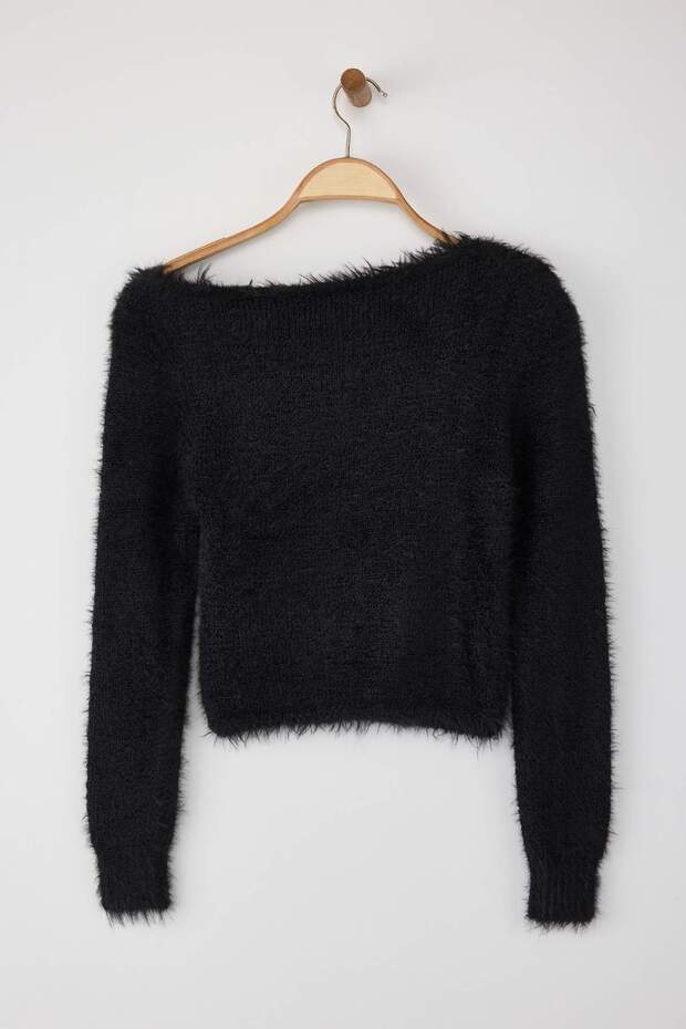 Siyah Crop/Kısa Tüylü/Sakal İplikli Triko Kazak TWOAW26KZ00094 - 6