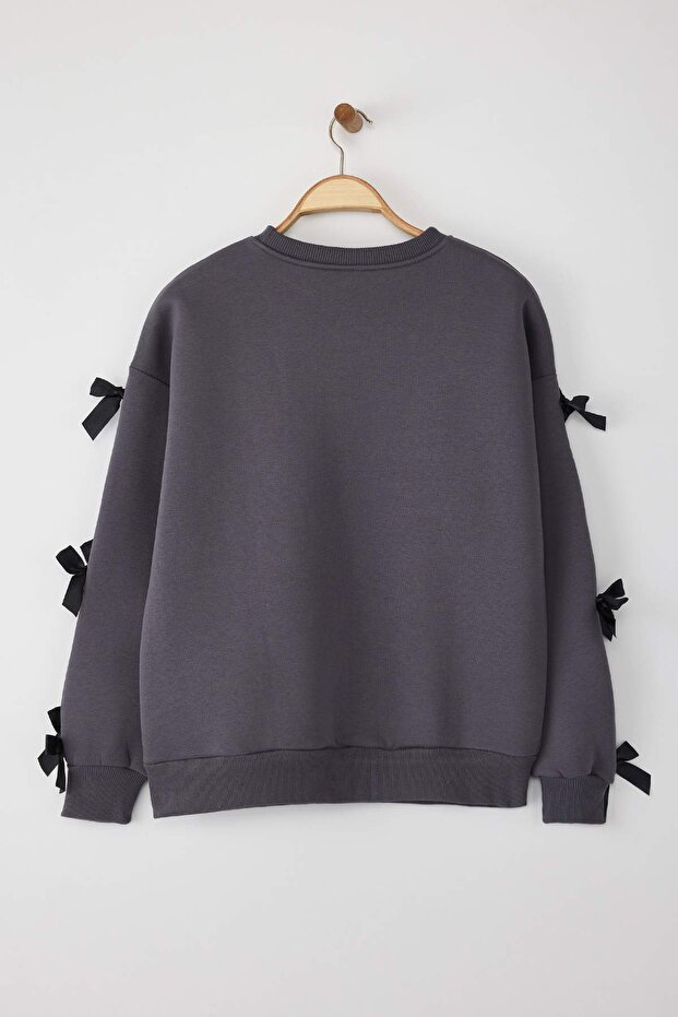 Antrasit Fiyonk Detaylı Oversize/Geniş Kalıp Kalın İçi Polarlı Örme Sweatshirt TWOAW25SW00249 - 7
