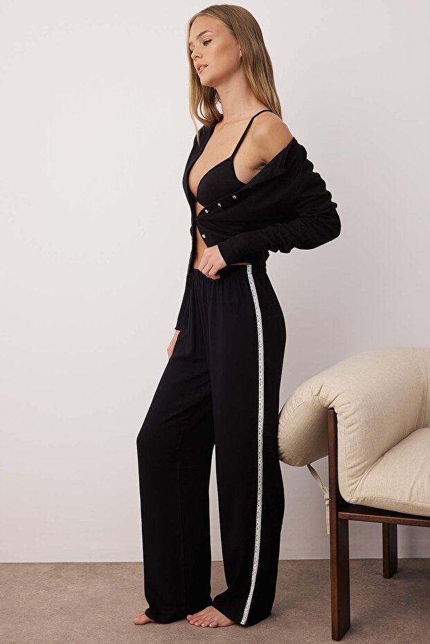 Siyah Dantel Detaylı Viskon Dokuma Pijama Altı THMAW26PJ00001 - 2