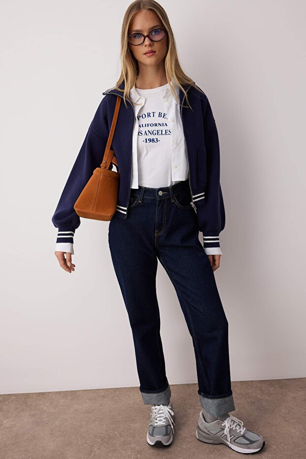 Marineblaue Premium-Garn-/Spezialgarn-Strickjacke mit Reißverschluss im Mantel-Look TWOAW26HI00133 - 2