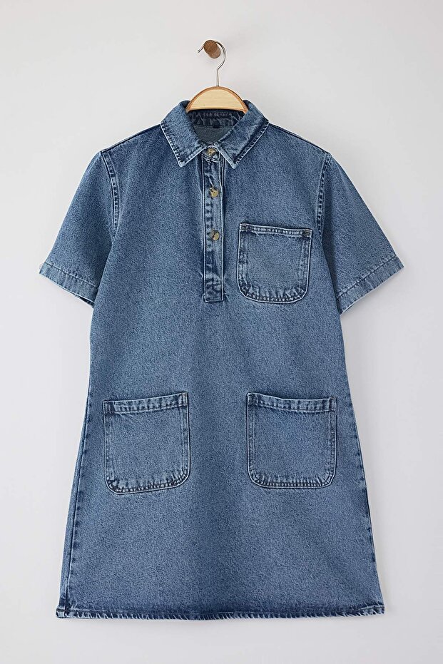 Mavi Cep Detaylı Oversize Mini Denim Gömlek Elbise TWOSS22EL3022 - 7