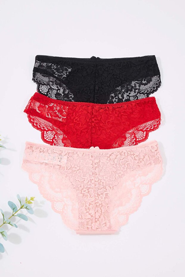 Czarno-czerwono-pudrowe majtki brazylijskie z mikrokoronką i wstążką/kokardką w zestawie 3 sztuk THMAW26KU00003 - 8