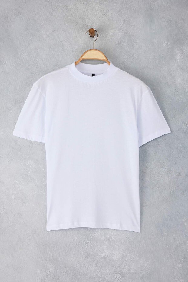 Beyaz-Beyaz 2'li Paket %100 Pamuk Basic Dik Yaka Örme T-Shirt TWOSS20TS1500 - 9