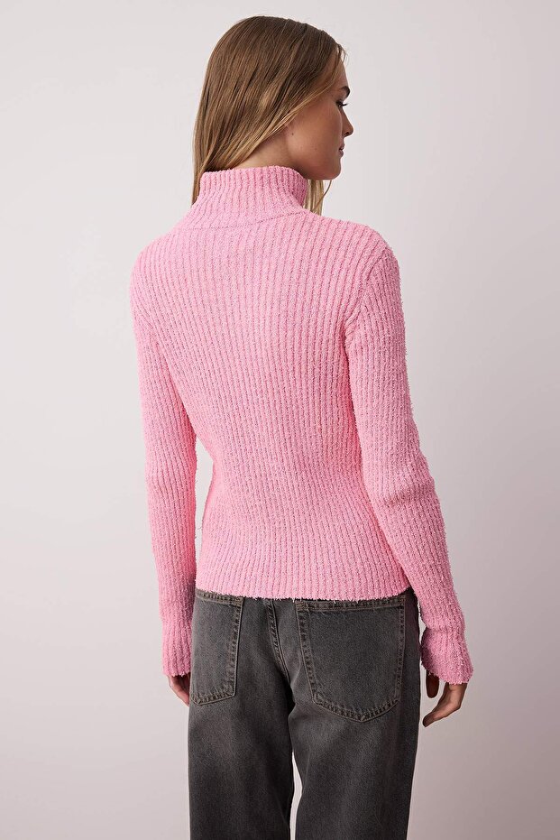 Wardrobe Essentials Pembe Fermuarlı Dik Yaka Yumuşak Dokulu Pamuklu Triko Hırka TWOAW26HI00088 - 4