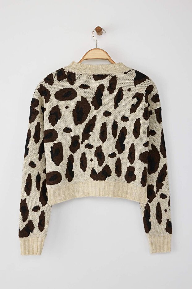 Taş Leopar Desenli Crop Yumuşak Dokulu Triko Hırka TWOAW25HI00355 - 7