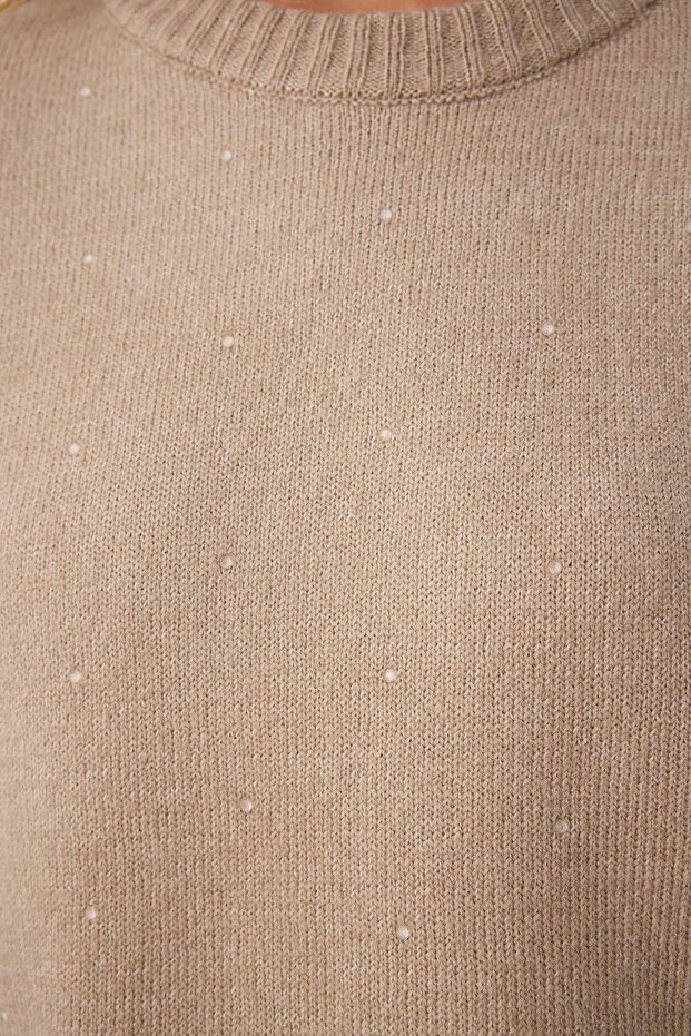 Nerzfarbener, weich strukturierter, mit Steinen bestickter Strickpullover TWOAW26KZ00009 - 3