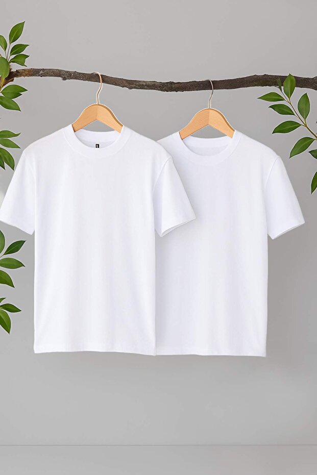 Beyaz-Beyaz 2'li Paket %100 Pamuk Basic Dik Yaka Örme T-Shirt TWOSS20TS1500 - 6