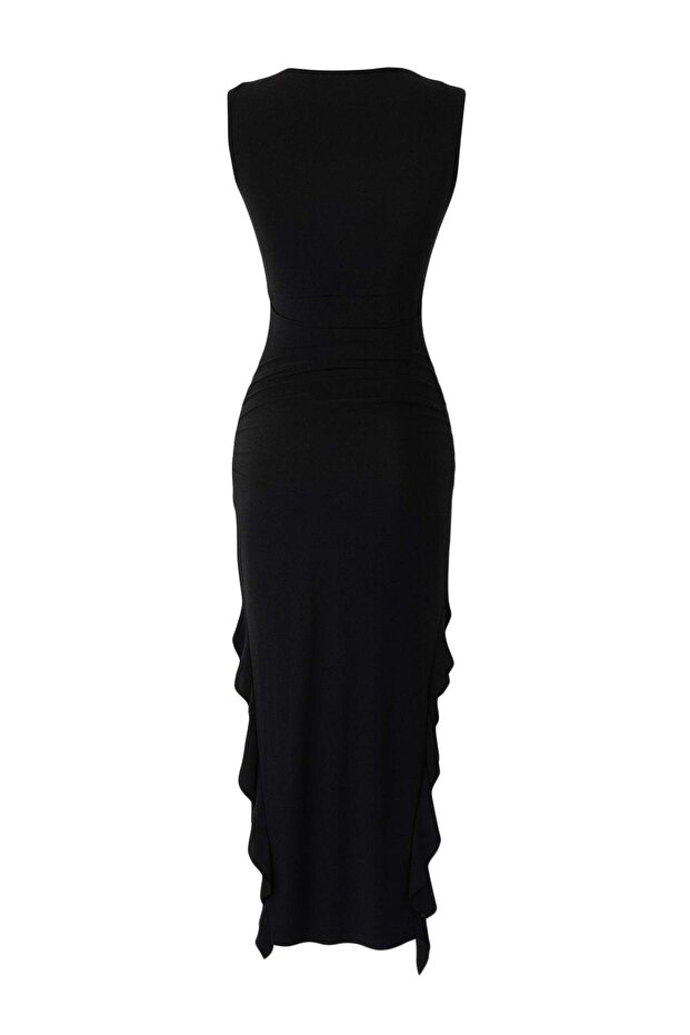 Siyah Bodycone Sıfır Kol Yırtmaçlı Fırfır Detaylı Esnek Kalın Sandy Maxi Kalem Elbise TWOSS24EL00688 - 9