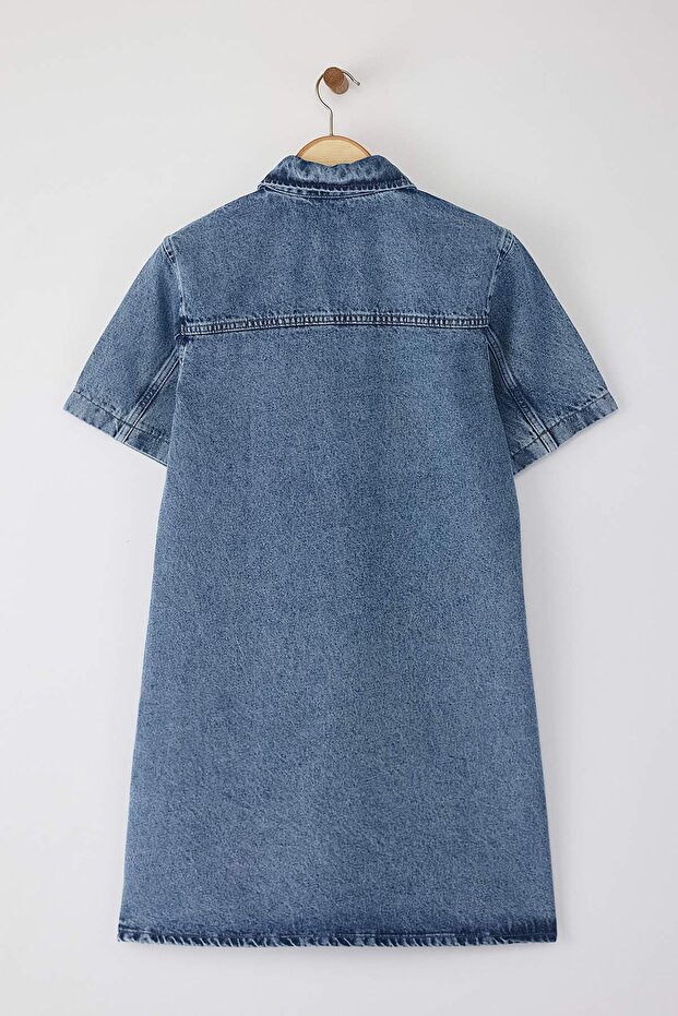 Mavi Cep Detaylı Oversize Mini Denim Gömlek Elbise TWOSS22EL3022 - 8