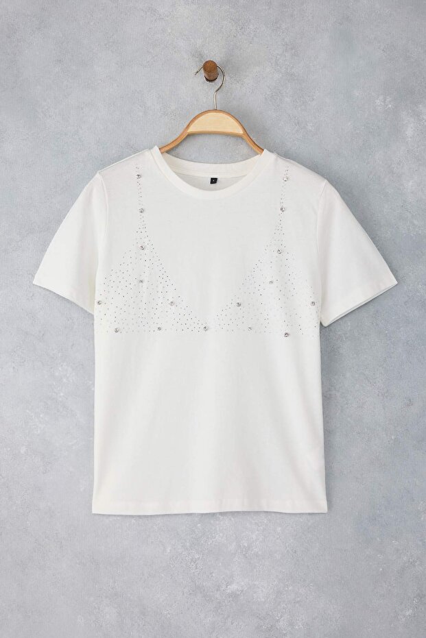 Ecru Stone Detailed 100% bavlna Regular Fit tričko - Twoss25Ts00016 - 7