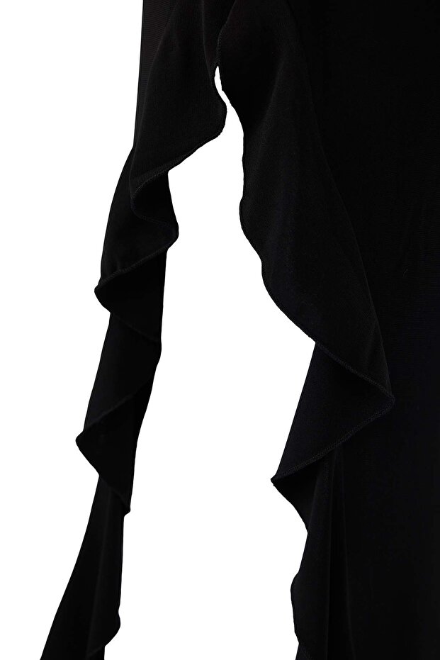 Siyah Bodycone Sıfır Kol Yırtmaçlı Fırfır Detaylı Esnek Kalın Sandy Maxi Kalem Elbise TWOSS24EL00688 - 8