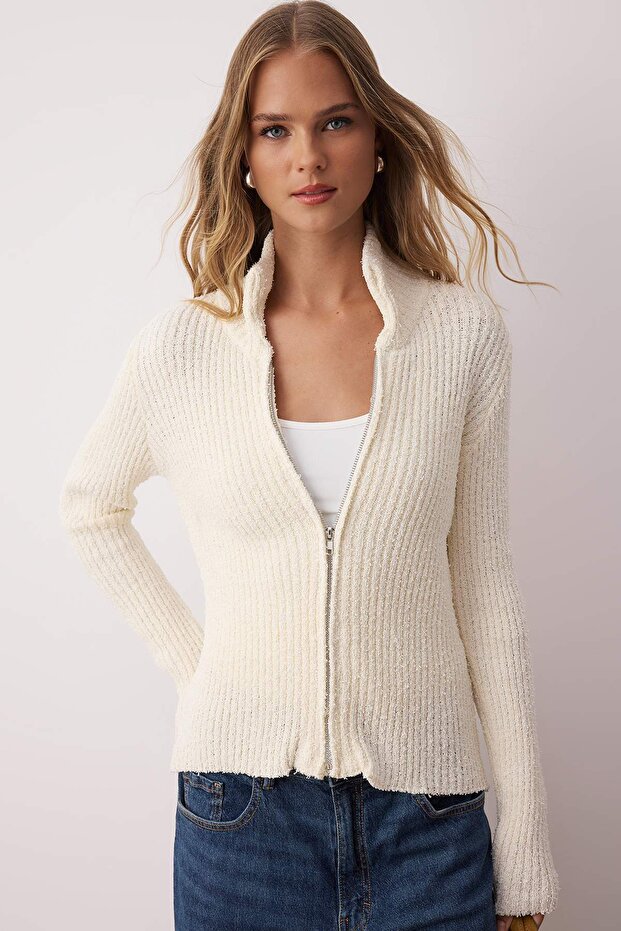 Wardrobe Essentials Taş Fermuarlı Dik Yaka Yumuşak Dokulu Pamuklu Triko Hırka TWOAW26HI00088 - 1