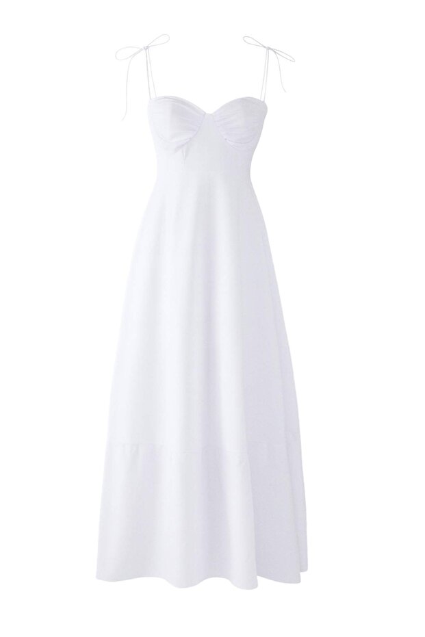 Beyaz Belden Açılan Drape Detaylı Askılı Dokuma Maxi Elbise TWOSS24EL01128 - 10