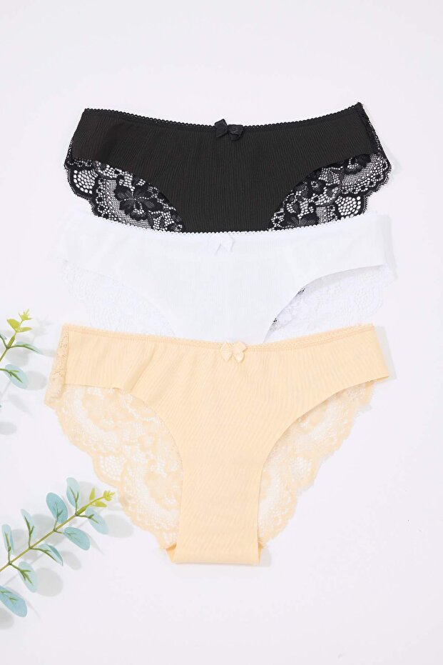 Siyah-Beyaz-Ten 3'lü Micro Dantel ve Kurdele/Fiyonk Detaylı Örme Brazilian Külot THMAW26KU00003 - 7