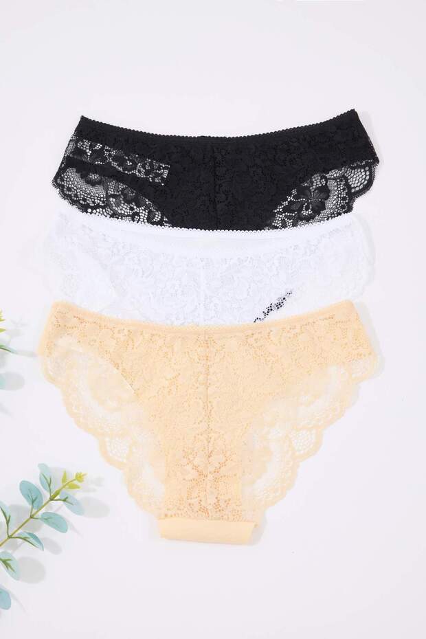 Siyah-Beyaz-Ten 3'lü Micro Dantel ve Kurdele/Fiyonk Detaylı Örme Brazilian Külot THMAW26KU00003 - 8