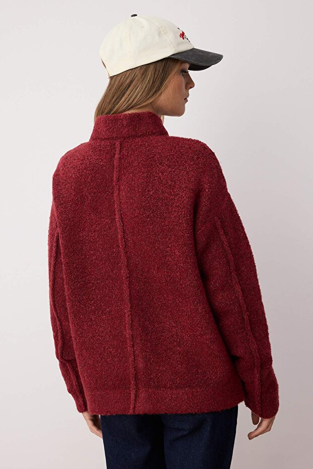 Bordo Buklet/Dokulu İplikli Geniş Kalıp Mont Görünümlü Triko Hırka TWOAW26HI00207 - 5