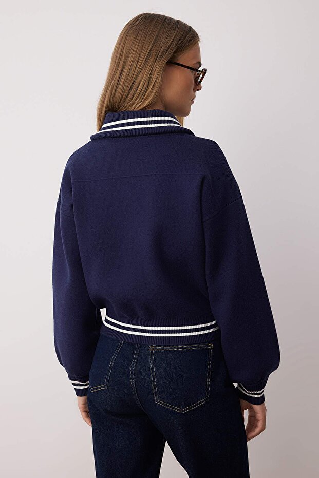 Marineblaue Premium-Garn-/Spezialgarn-Strickjacke mit Reißverschluss im Mantel-Look TWOAW26HI00133 - 4