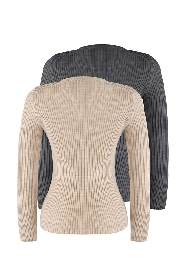 Anthrazit-Beige Doppelpack-Strickpullover TWOAW22KZ1766 - 7