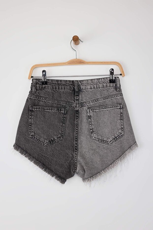 Renk Bloklu Denim Yırtık Plaj Mini Yüksek Bel Şort & Bermuda TBESS22SR0391 - 7