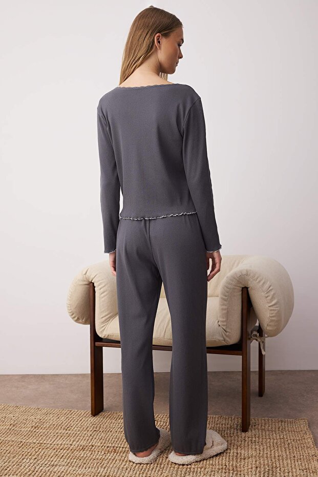 Komplet piżamowy z prążkowanej dzianiny - antracyt, bawełna, koronka i kokarda Thmaw25Pt00206 - 4