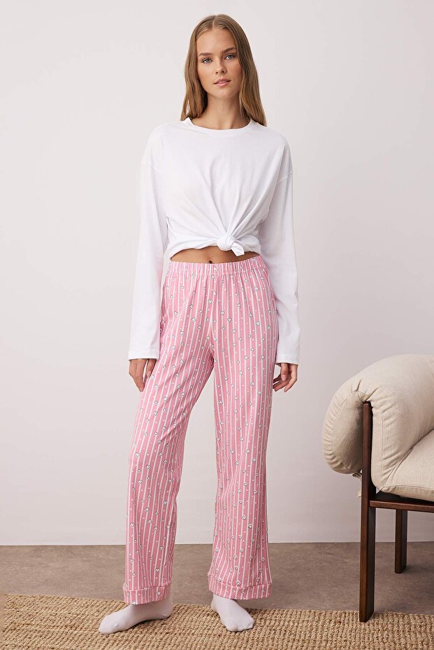 Bawełniane spodnie piżamowe w paski i serca - różowe Thmss23Pj00002 - 1