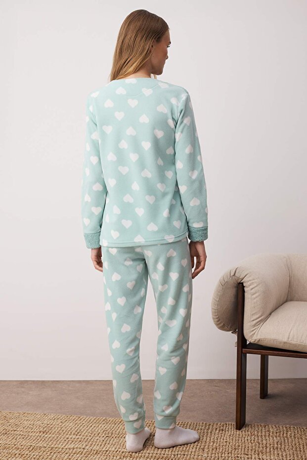 Mint Kalpli Kedi Nakışlı Uyku Bantlı Polar Kışlık Örme Pijama Takımı THMAW21PT0669 - 5