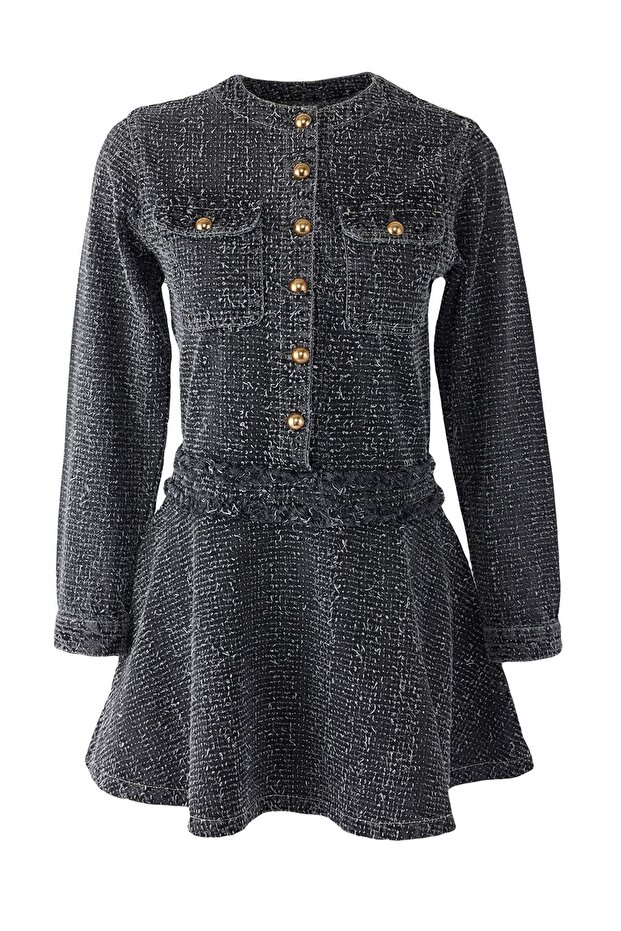 Gri Dokulu Eteği Volanlı Mini Denim Elbise TWOAW25EL00515 - 6