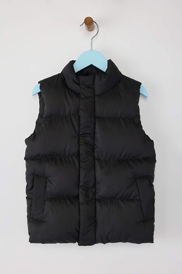 Siyah Düz/Basic Kapüşonlu Regular Fit Unisex Çocuk Şişme Yelek TKDAW26YR00001 - 2