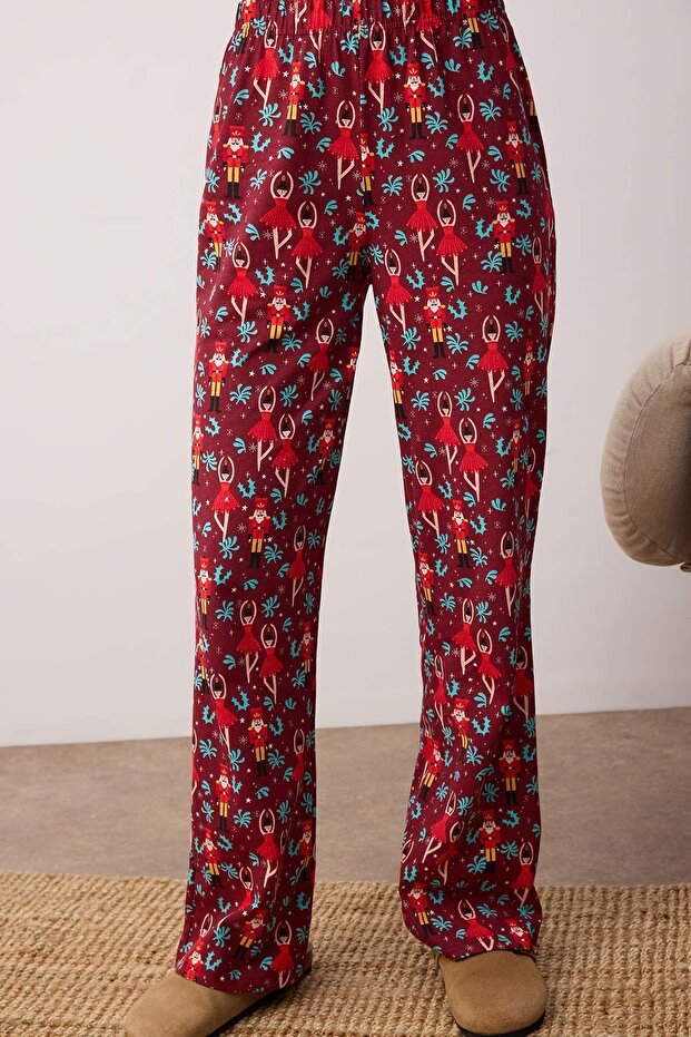 Bordo %100 Pamuklu Yılbaşı Temalı Örme Pijama Takımı THMAW23PT00318 - 3