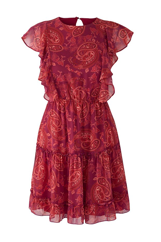 Bordo Etnik Desenli Belden Açılan Fırfırlı Mini Şifon Astarlı Dokuma Elbise TWOSS24EL00745 - 5