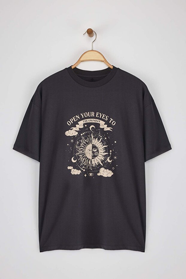 Antrasit %100 Pamuk Oversize/Geniş Kalıp Baskılı Örme T-Shirt TWOSS25TS00148 - 6