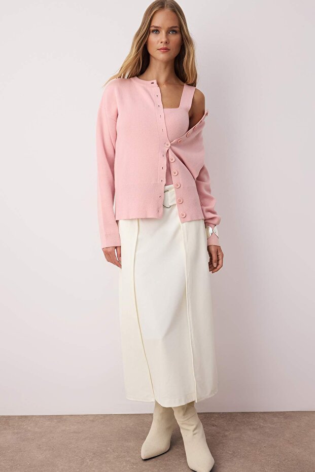 Różowy, 2-pak, zestaw: sweter kardigan-bluzka z włóczki premium/specjalnej z okrągłym dekoltem TWOAW26HI00124 - 2