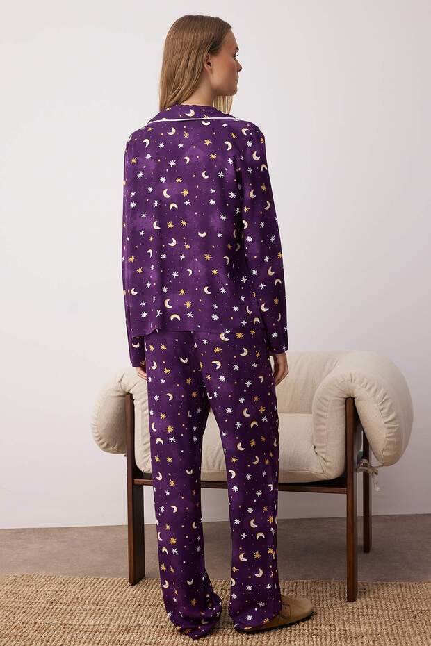 Mor Galaksi Desenli Biyeli Viskon Dokuma Pijama Takımı THMAW24PT00093 - 4