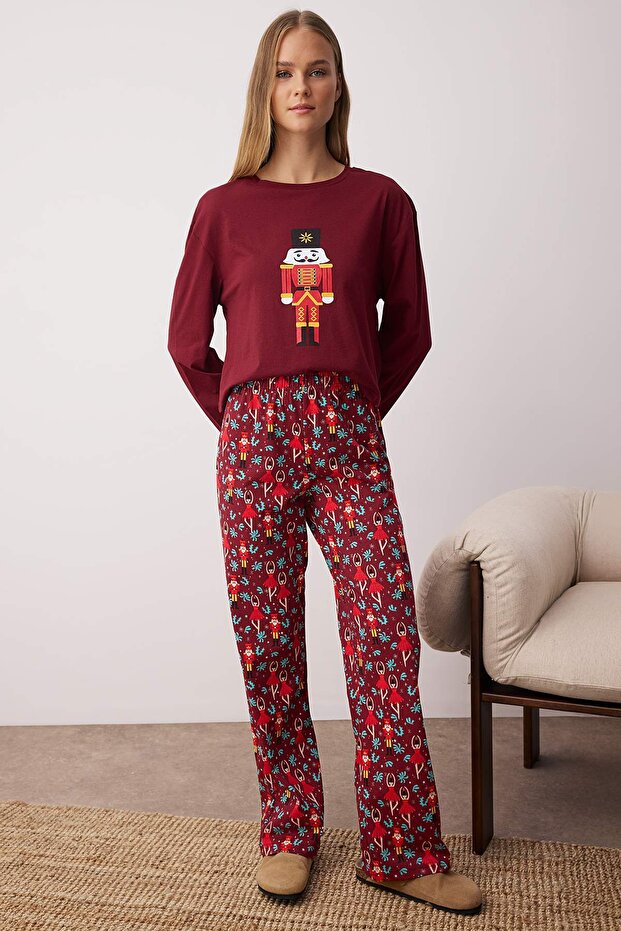 Bordo %100 Pamuklu Yılbaşı Temalı Örme Pijama Takımı THMAW23PT00318 - 1