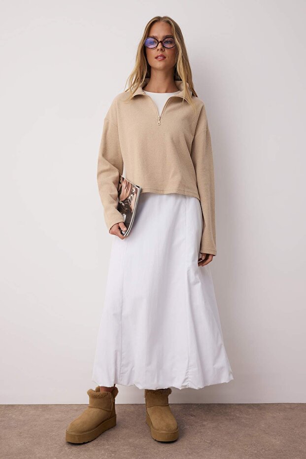 Bej Selanik/Triko Görünümlü Fermuarlı Yaka Regular/Normal Kalıp Örme Sweatshirt TWOAW22SW0732 - 2